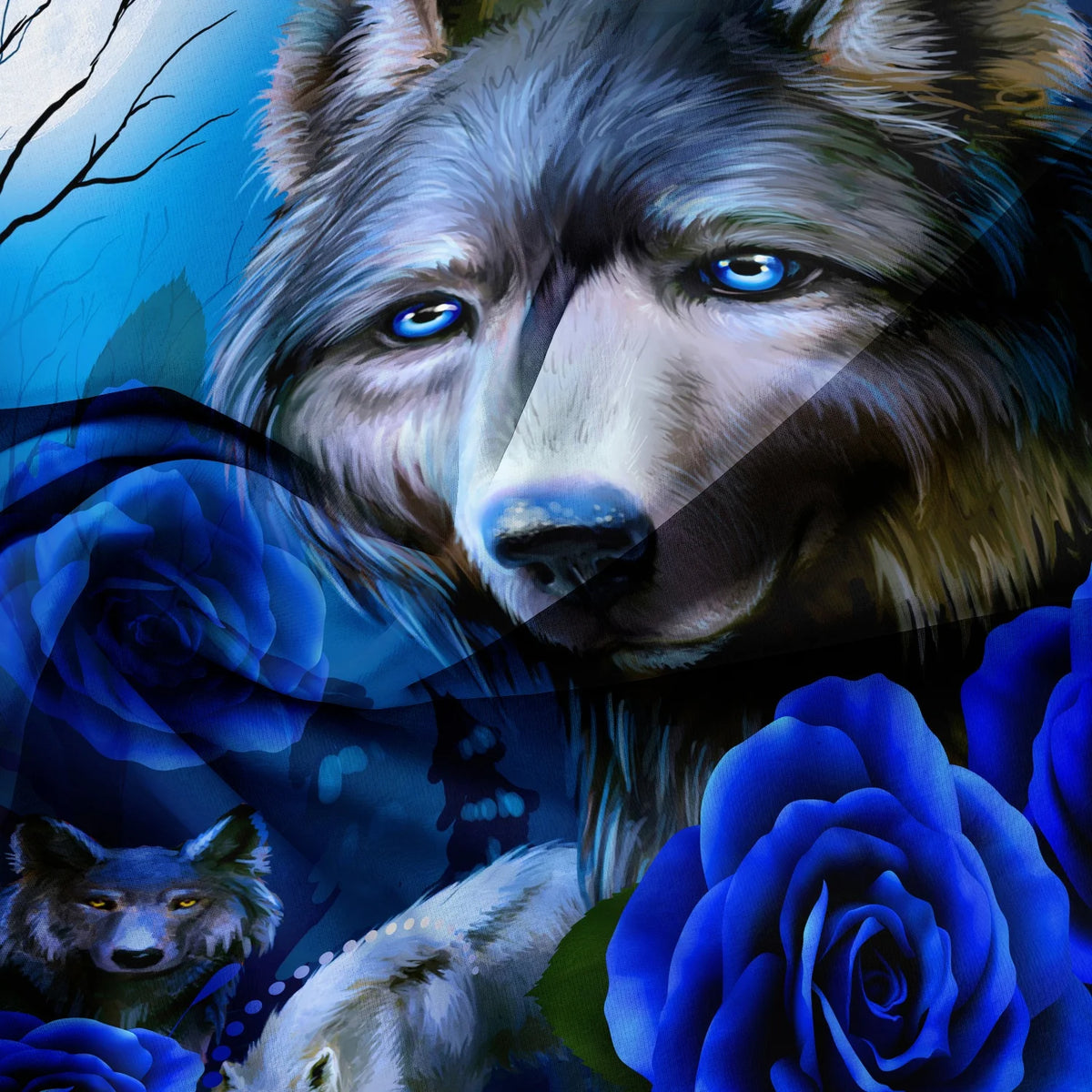 A close-up portrait of a wolf with blue eyes surrounded by dark blue and purple roses.