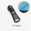 A close-up view of a black nylon zipper slider with a blue tooth profile.