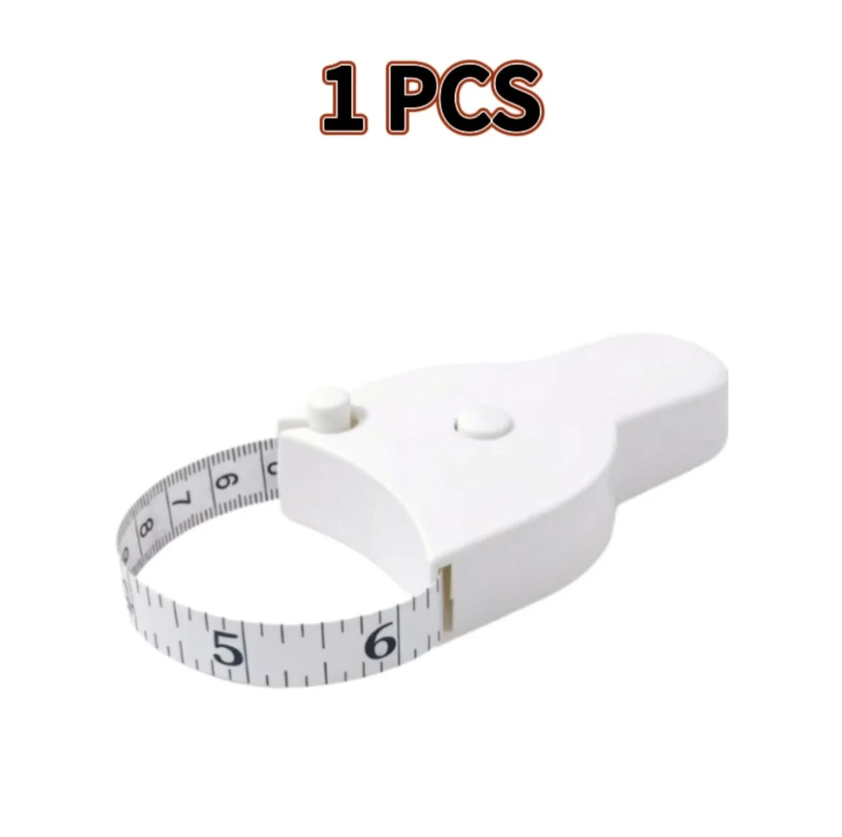 A white telescopic body measuring tape is shown, marked with centimeters and inches.