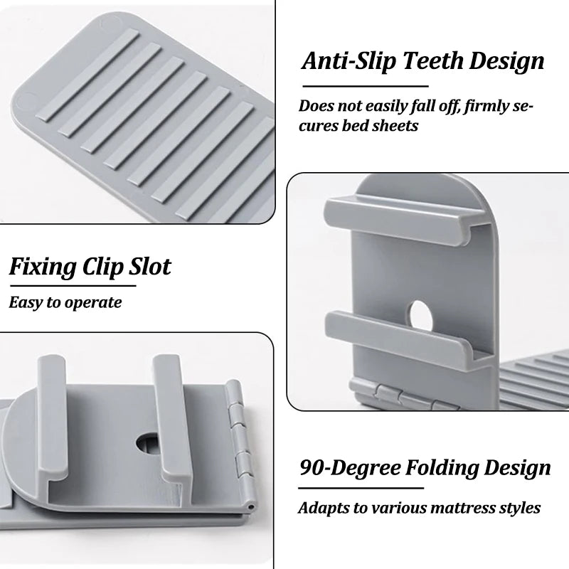 Gray anti-slip teeth design and 90-degree folding clip slot for securing bed sheets