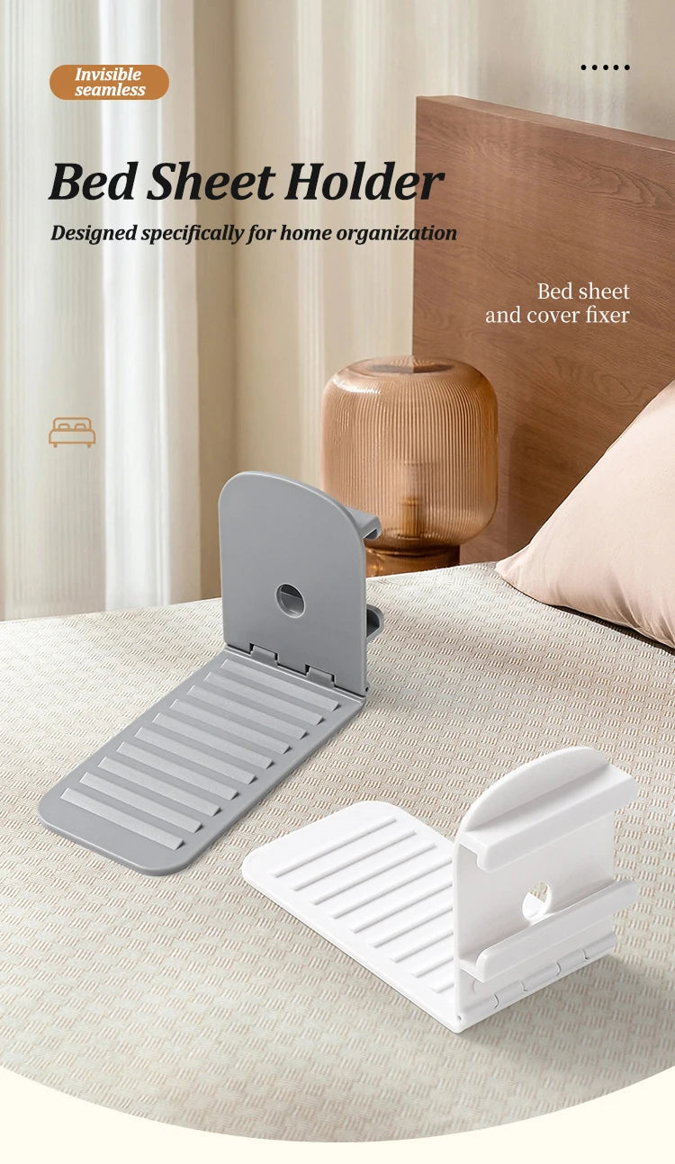 A set of silver and white bed sheet holders designed for home organization and fixing.