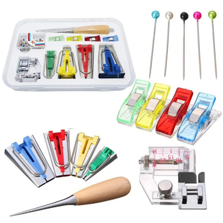 A set of professional sewing bias binder tools including various pins, needles, and pressing implements.