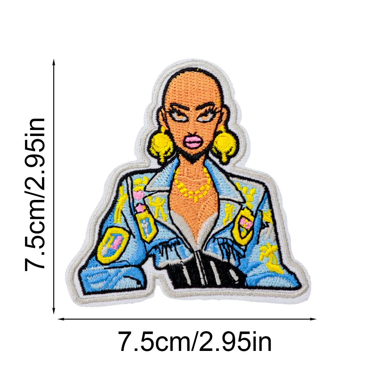 An embroidered patch of a female character with orange skin, yellow hair, and a blue jacket.