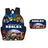 A dark blue backpack featuring various Roblox characters and a separate case with more Roblox figures.