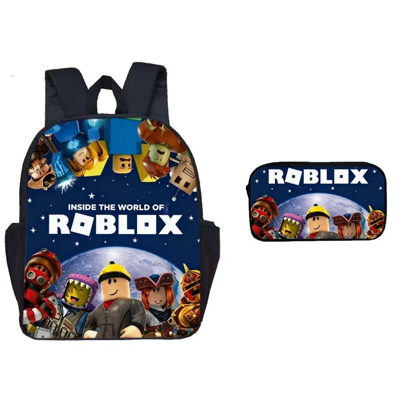 A dark blue backpack featuring various Roblox characters and a separate case with more Roblox figures.