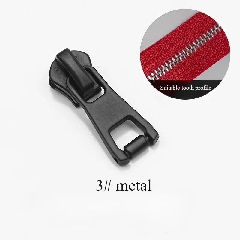A black metal zipper slider with a red stitching detail shown next to a circular graphic.