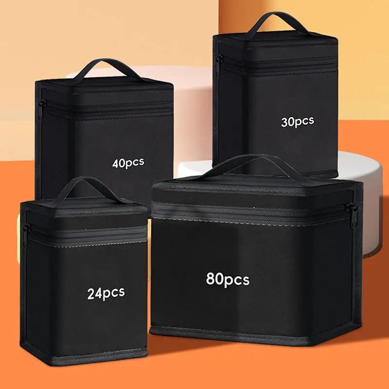 Black portable marker storage pouches in various quantities of 24, 30, and 80 pieces displayed on an orange background.