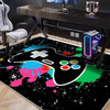 A black gaming area rug featuring a neon hexagon design with colorful paint splatters and a glowing purple console.