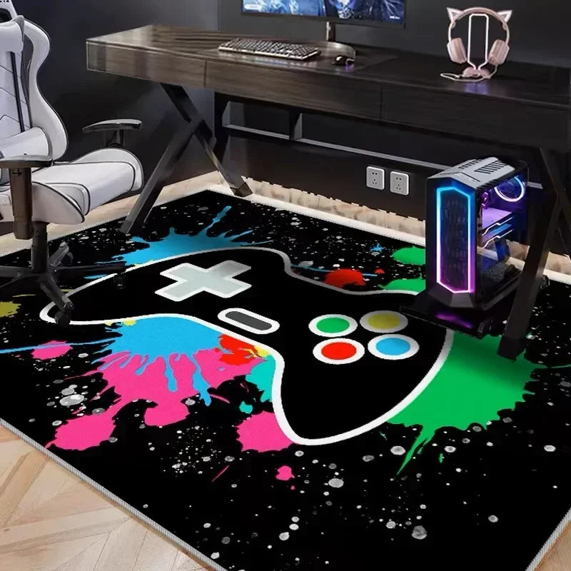 A black gaming area rug featuring a neon hexagon design with colorful paint splatters and a glowing purple console.