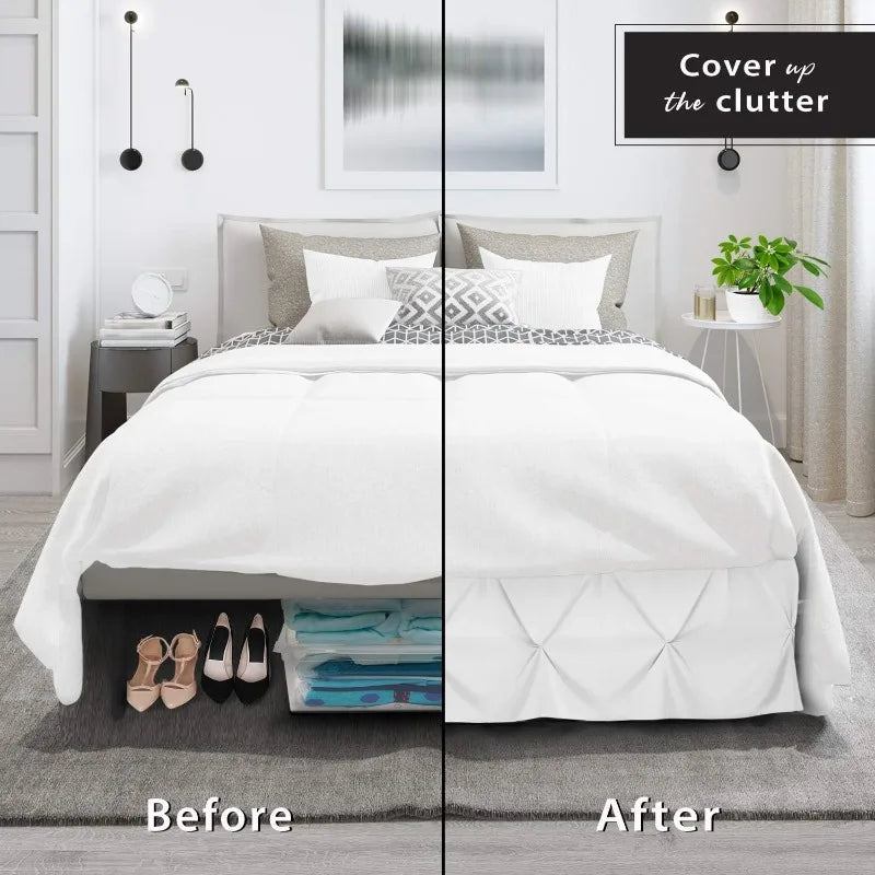 Before and after comparison of a premium wrap-around bed skirt installation on a queen bed.