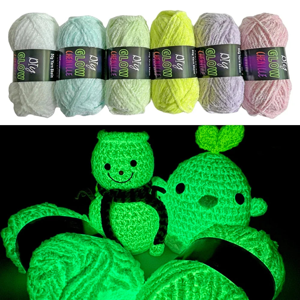 A bright green glow-in-the-dark yarn is used to create a cute, textured creature.