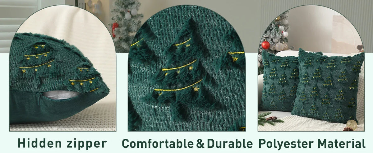 A dark green textured corduroy throw pillow cover featuring a gold-colored Christmas tree design.