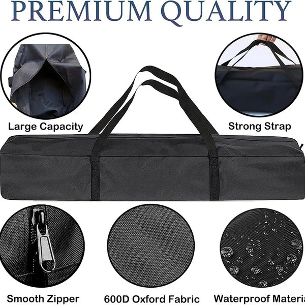 Black durable oxford cloth storage bag featuring a large capacity, strong strap, smooth zipper, and waterproof material.