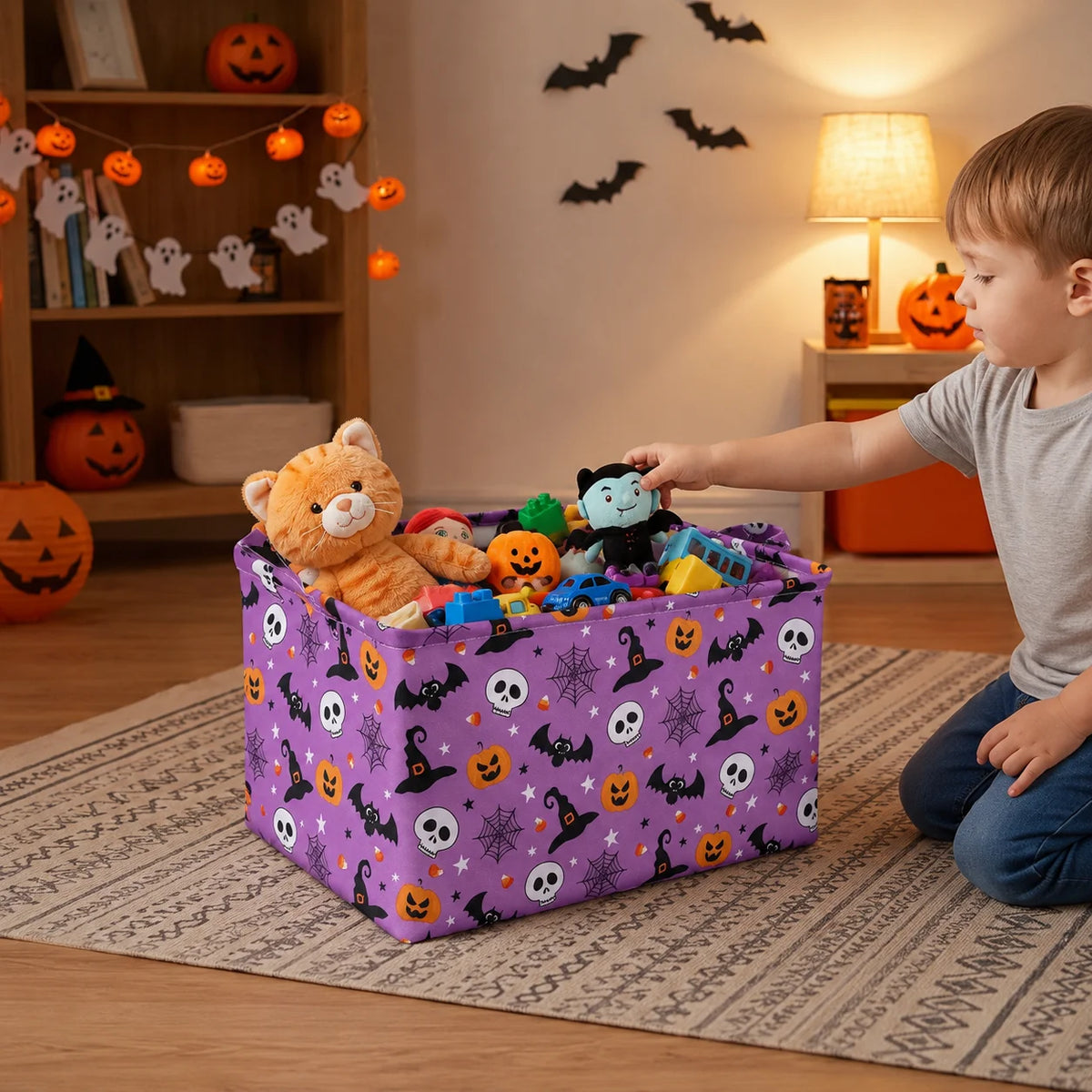 A purple storage basket filled with Halloween-themed items like skulls and bats sits on a rug next to a child.