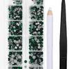 A clear plastic container holds various green and silver crystal rhinestones and an applicator tool for crafting.