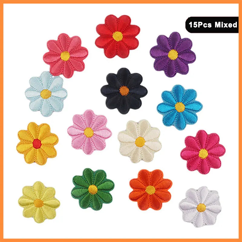 A set of 15 mixed iron-on patches featuring various colored flowers in shades of pink, red, purple, blue, yellow, and green.