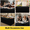A black stretchable waterproof rectangle tablecloth is shown in various settings for multi-occasion use.