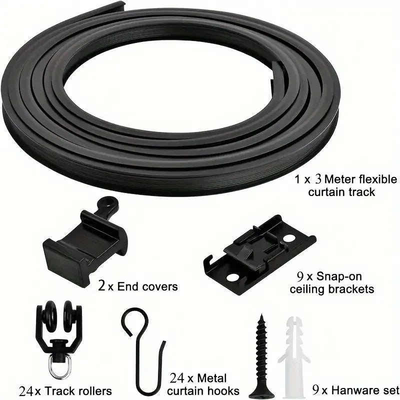 A set of black flexible curtain track components including a roll, end covers, snap-on brackets, curtain hooks, and hardware 