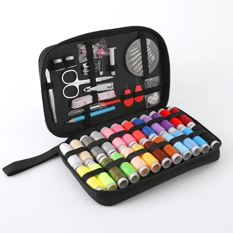 A black zippered case containing a complete sewing kit with various tools like scissors needles and embroidery supplies