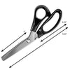 A pair of professional stainless steel pinking shears with measurements indicating blade length and overall size.