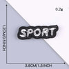 Black embroidered leather patch spelling SPORT with self-adhesive backing