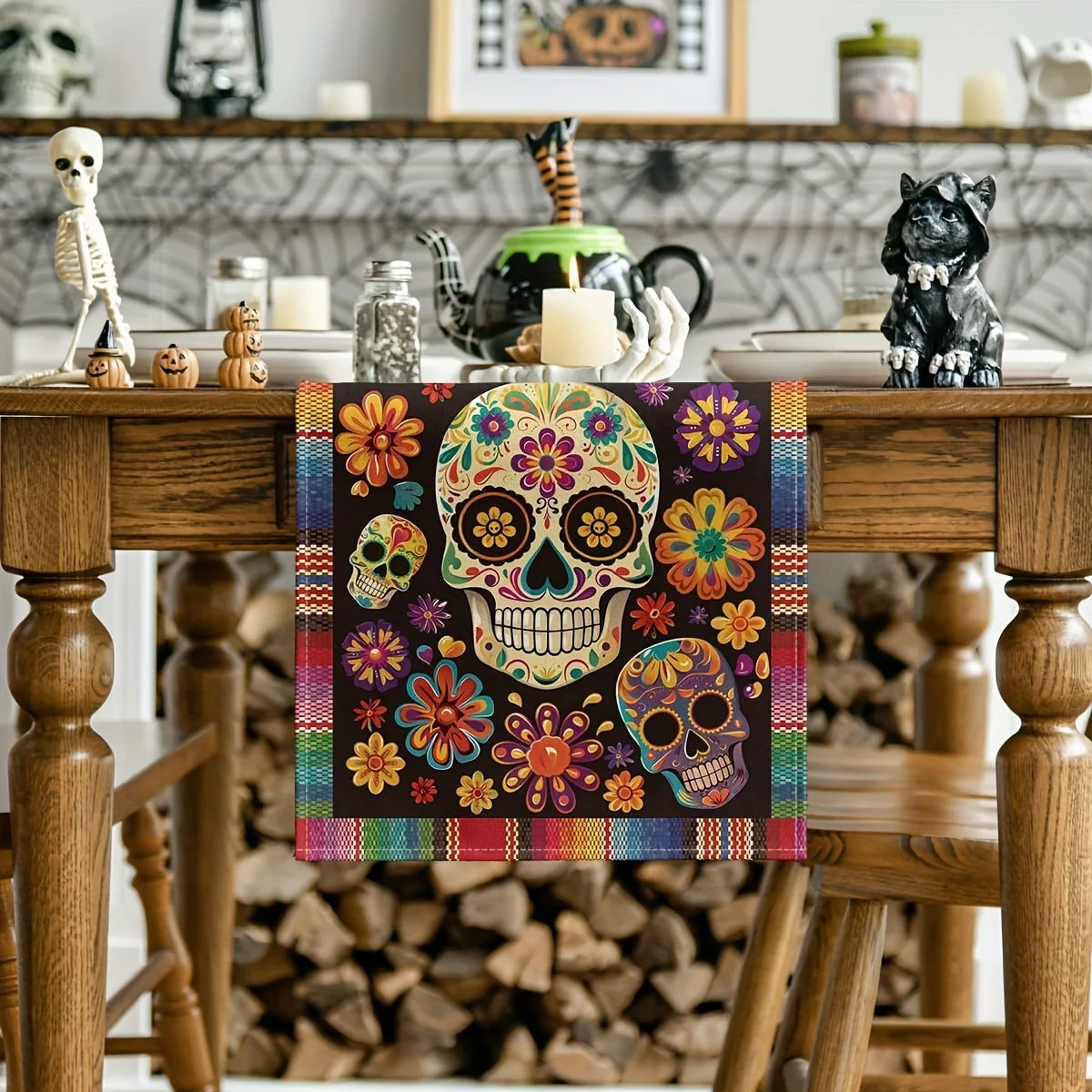 A colorful skull and floral day of the dead table runner displayed on a wooden table.