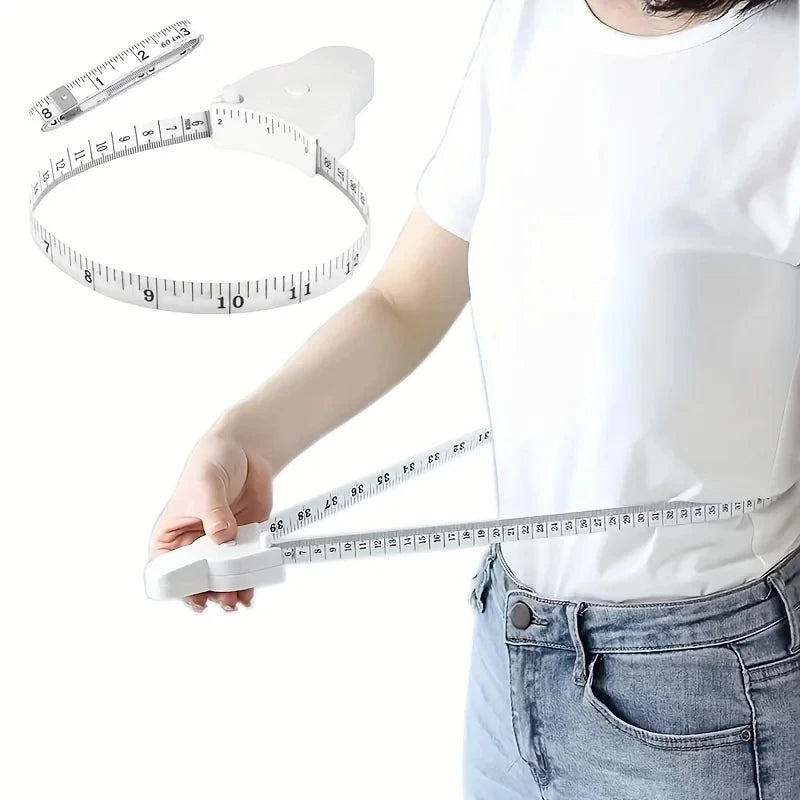 A person is using a white telescopic body measuring tape to measure their arm and torso.