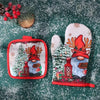 Pair of festive Christmas insulated oven mitts featuring Santa and snowman designs on a red background