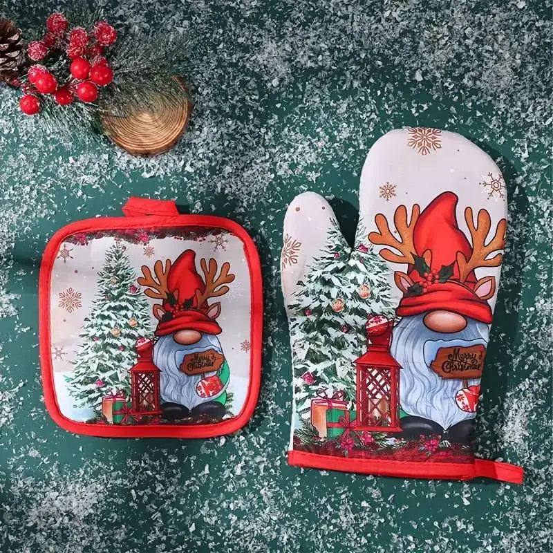 Pair of festive Christmas insulated oven mitts featuring Santa and snowman designs on a red background