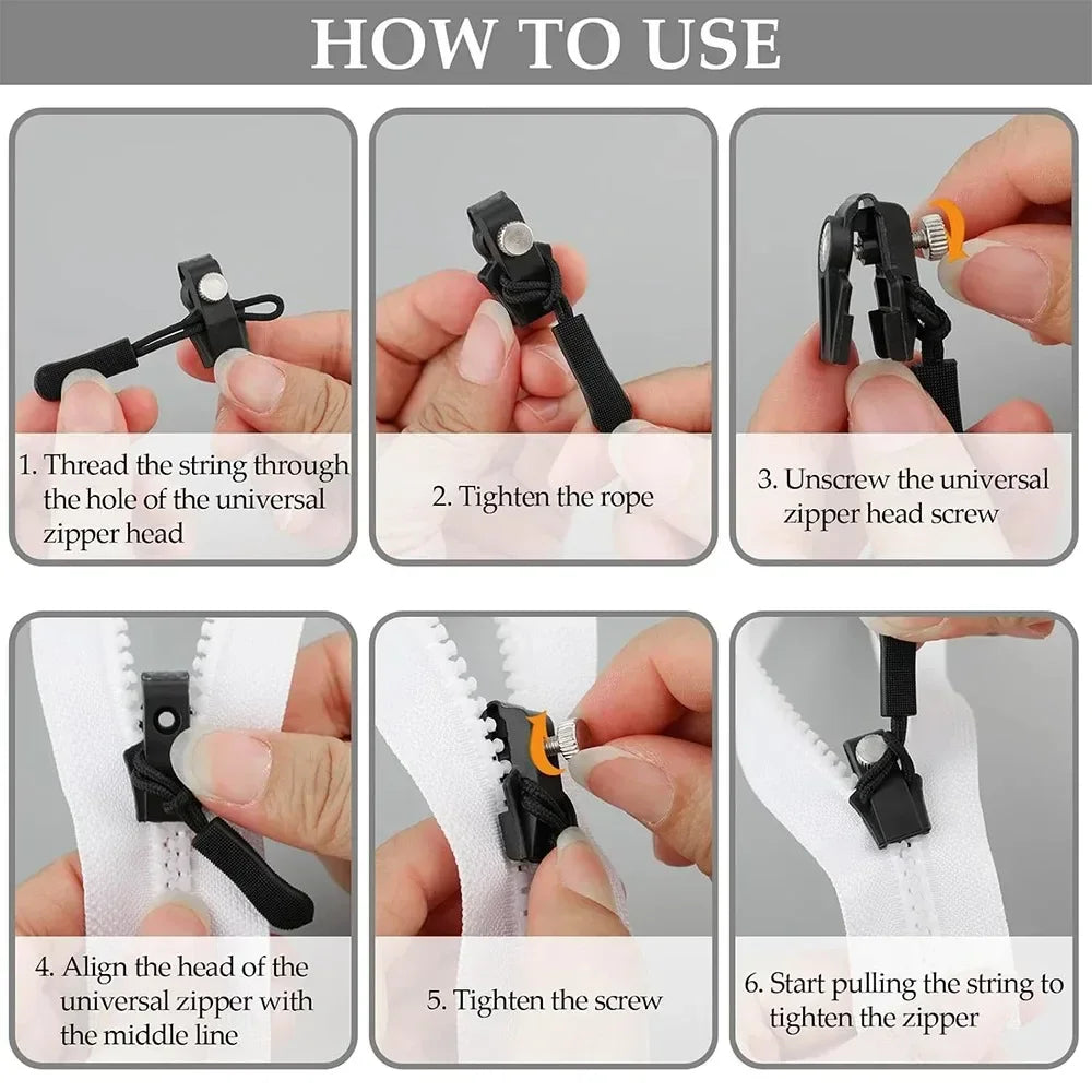 Instructions showing how to use a universal zipper repair kit by threading a string through the zipper head and tightening th