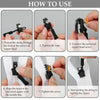 Instructions showing how to use a universal zipper repair kit by threading a string through the zipper head and tightening th