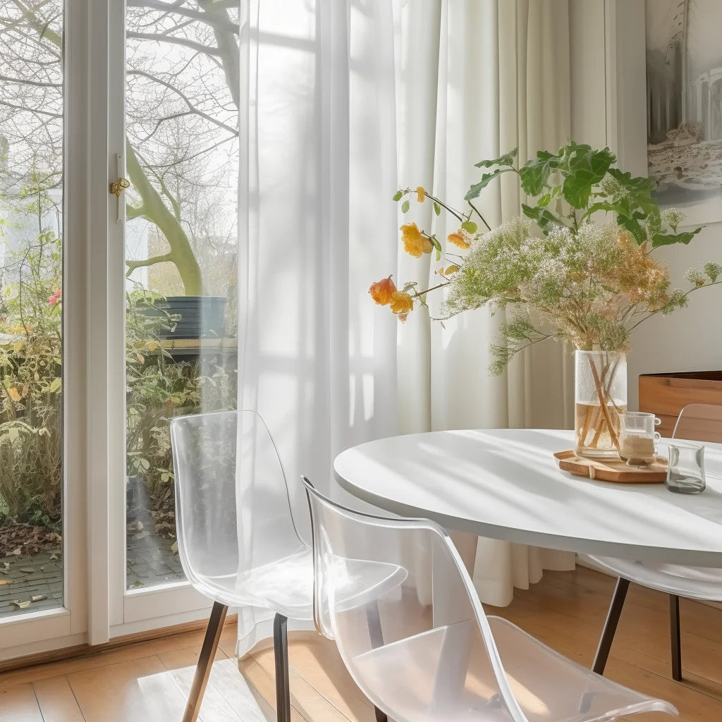 A modern interior featuring a white dining table and clear acrylic chairs next to sheer white tulle window curtains.