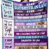 A purple and blue throw blanket featuring inspirational text about being a daughter-in-law and family love.