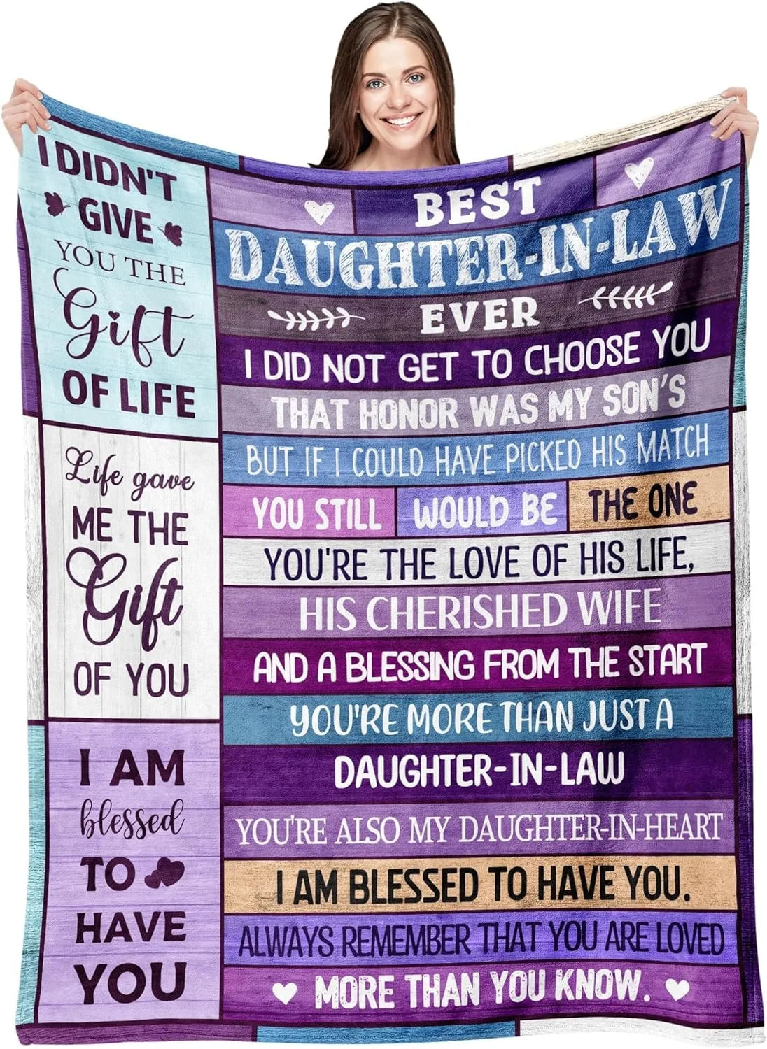 A purple and blue throw blanket featuring inspirational text about being a daughter-in-law and family love.