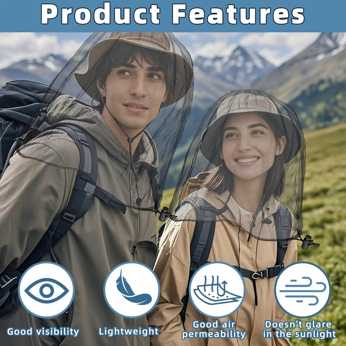 Two people wearing clear mosquito protection nets over fishing hats demonstrating good visibility, lightweight, air permeabil
