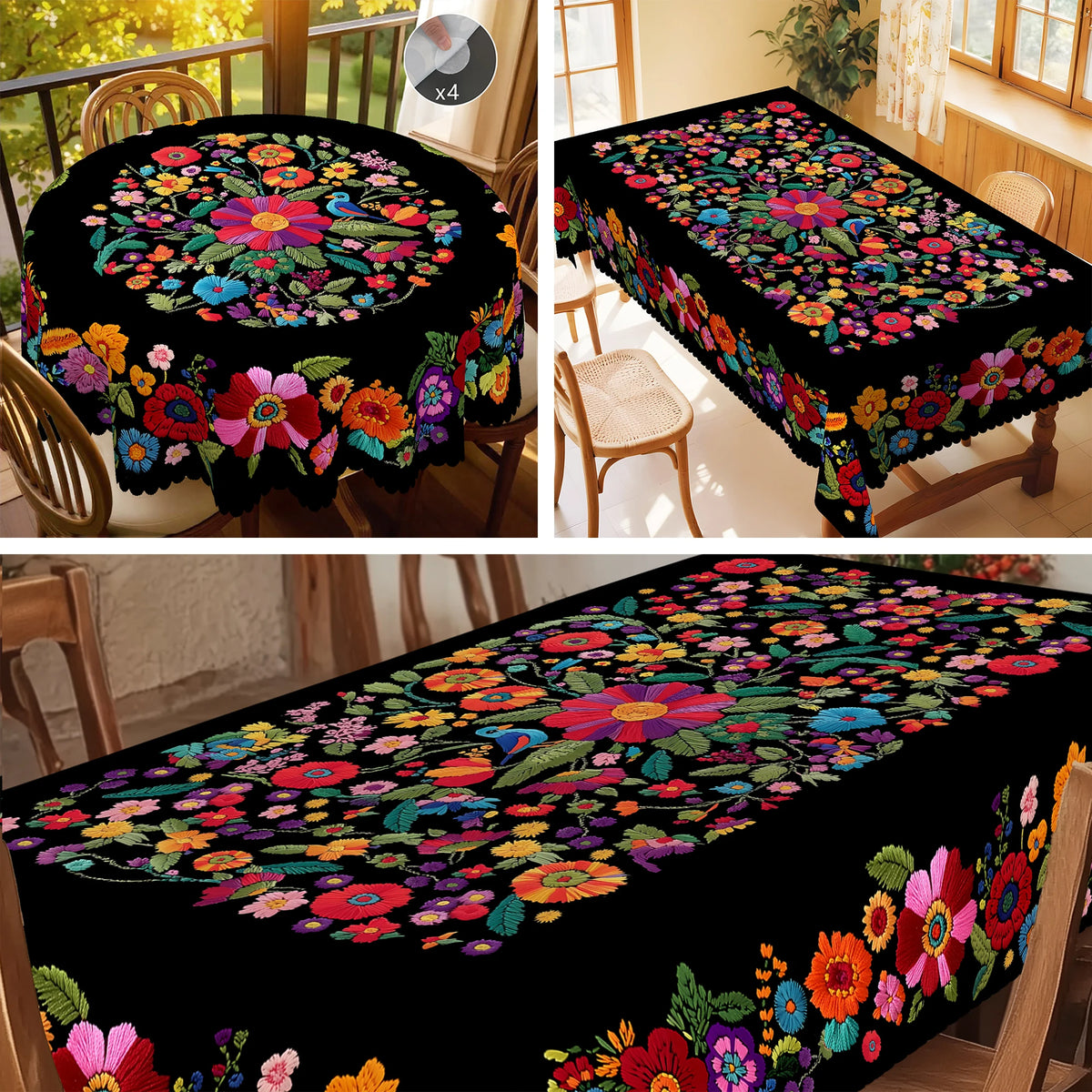 Elegant floral tablecloth with embossed edges featuring vibrant colors and detailed botanical patterns.