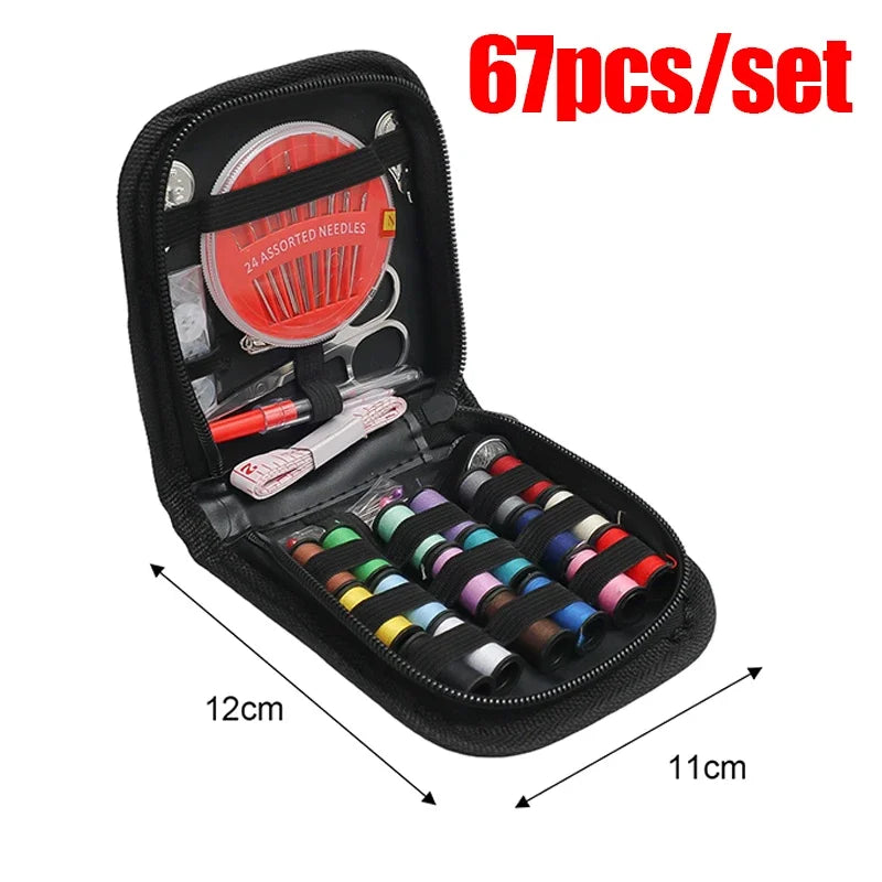 A black sewing kit set containing 67 pieces, including assorted needles and various thread colors.