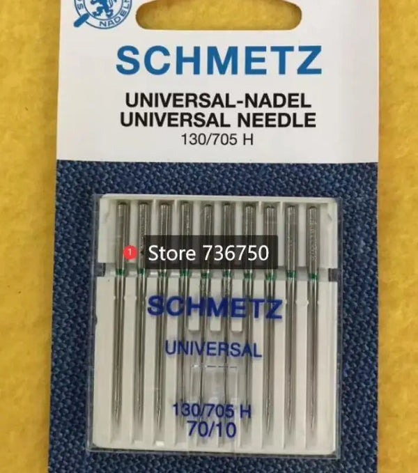 A package of SCHMETZ Universal Needle 130/705 H and 70/10 needles in a clear plastic case.