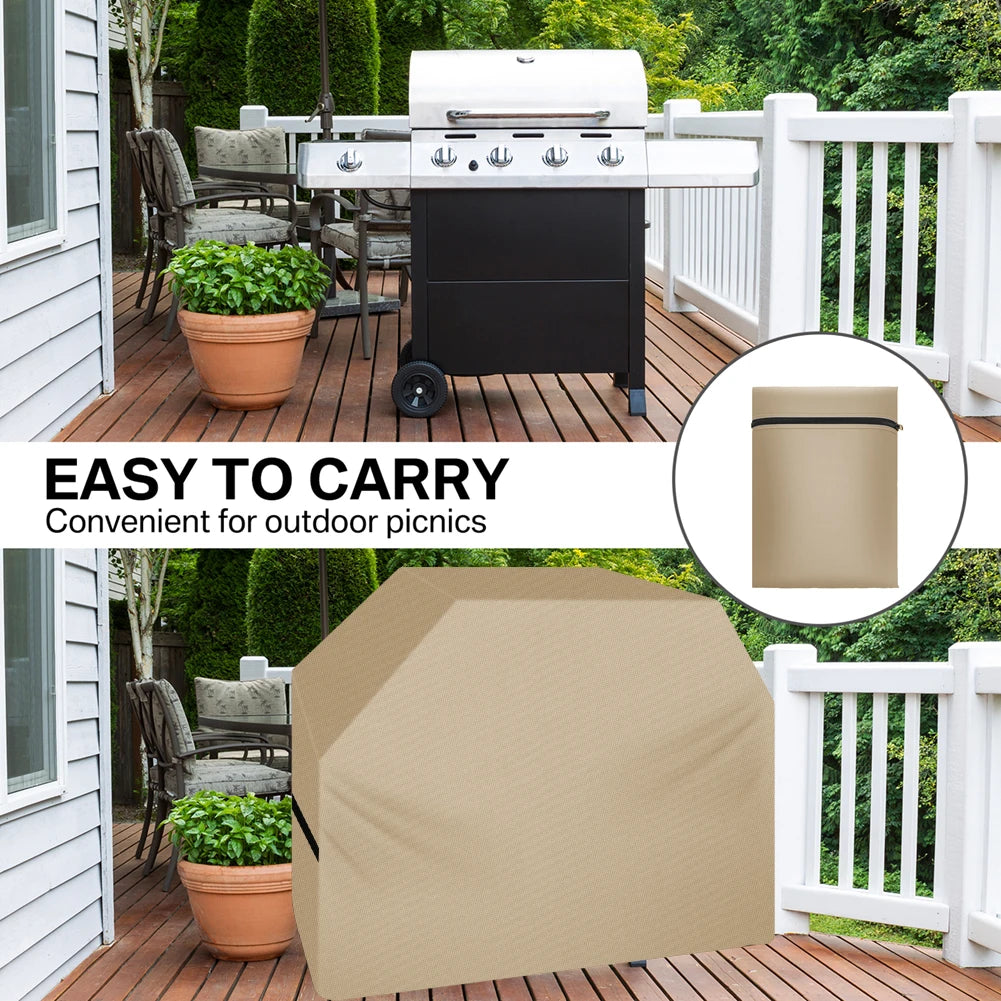 A beige waterproof BBQ grill cover is shown next to a wooden deck and outdoor grill.
