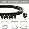 Black flexible curtain track and cuttable components including bow, straight, rectangle, curved, and trapezoid angles