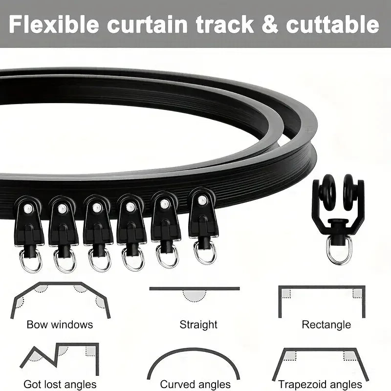 Black flexible curtain track and cuttable components including bow, straight, rectangle, curved, and trapezoid angles