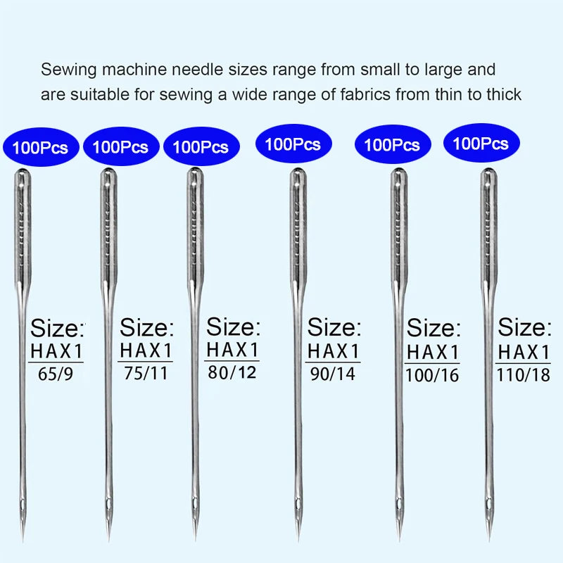 A set of high-strength sewing machine needles in various sizes, ranging from small to large, packaged in 100-piece counts.