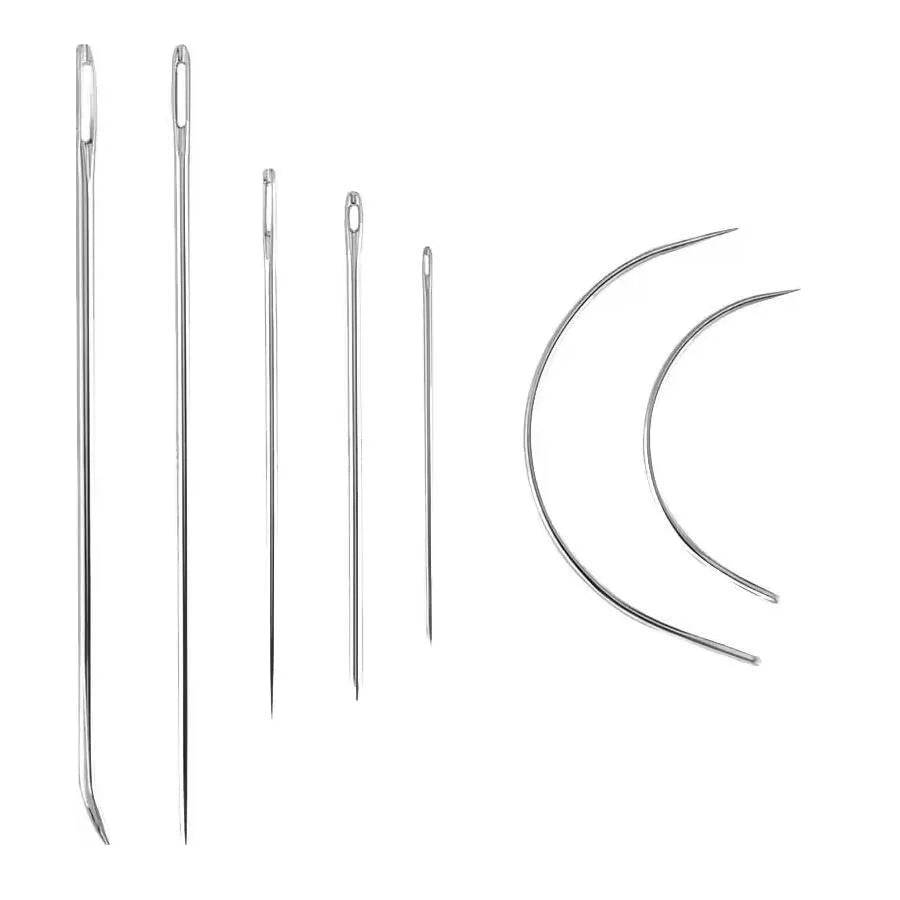 A set of professional leather sewing tools including needles and thread spools.