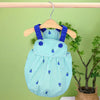 A light blue and green gingham dog dress with small blue flowers hanging from a wooden hanger against a green background.