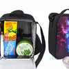 Black cartoon crossbody lunch bag with a purple lion design and a yellow mug visible.