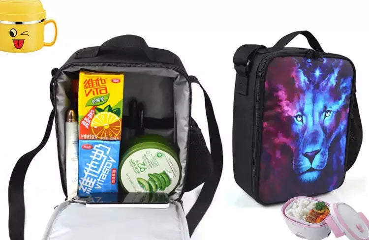Black cartoon crossbody lunch bag with a purple lion design and a yellow mug visible.