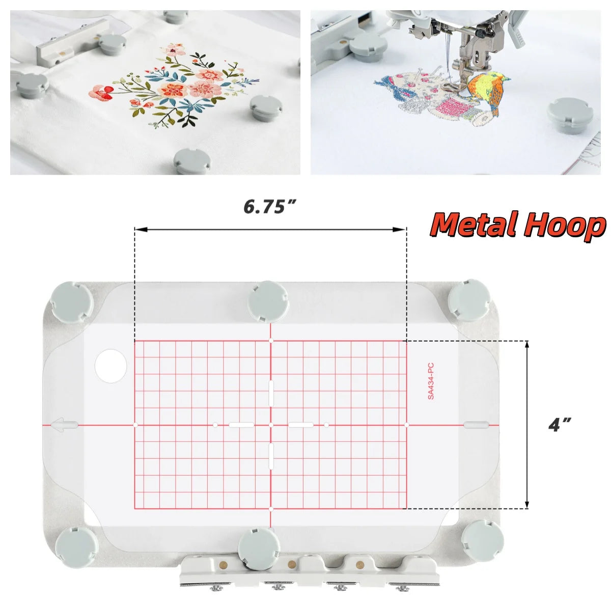 A white magnetic embroidery hoop set with a 6.75 inch frame and metal hoops for machine use.