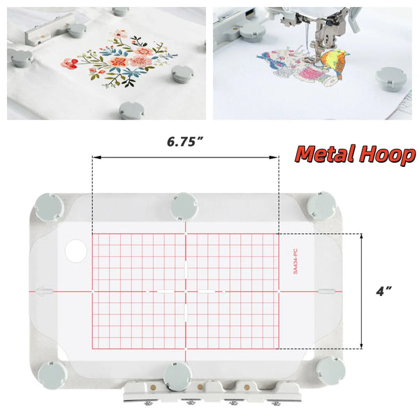 A white magnetic embroidery hoop set with a 6.75 inch frame and metal hoops for machine use.