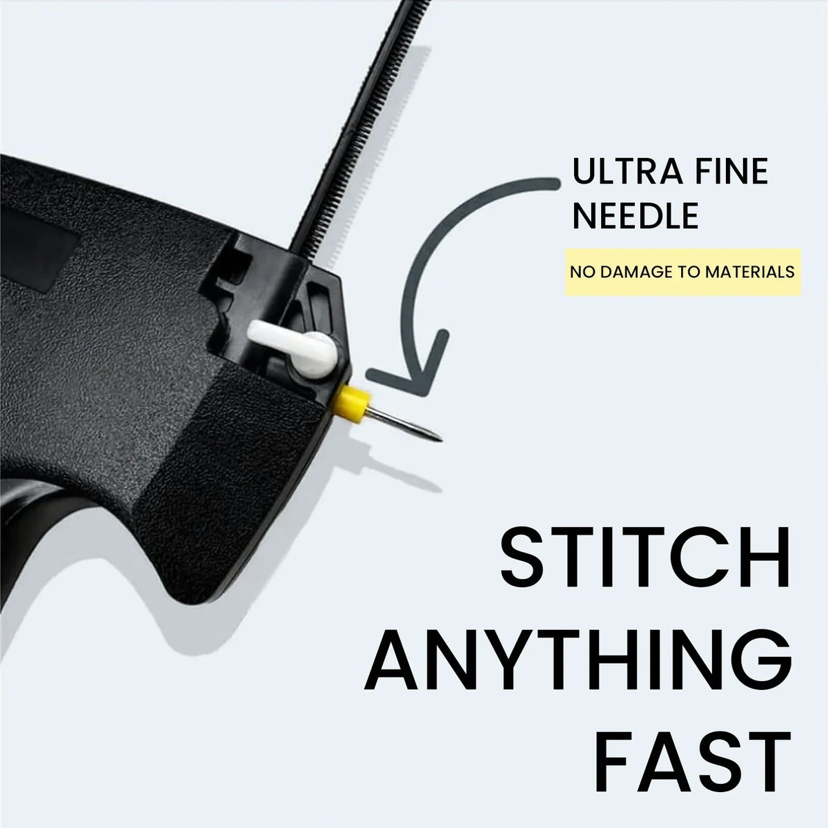 Close-up of a black micro stitching gun with an ultra fine needle being used for fast garment repair.