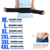 A woman is wearing a black magnetic therapy waist belt for lumbar support, shown with size options.